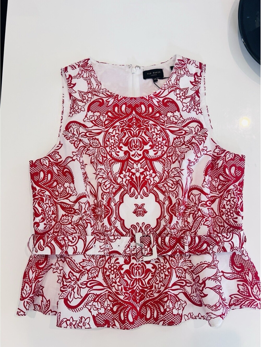 $179 Ted Baker Belted Peplum Top Cotton Poplin Ted/White Size 12 - Picture 2 of 14